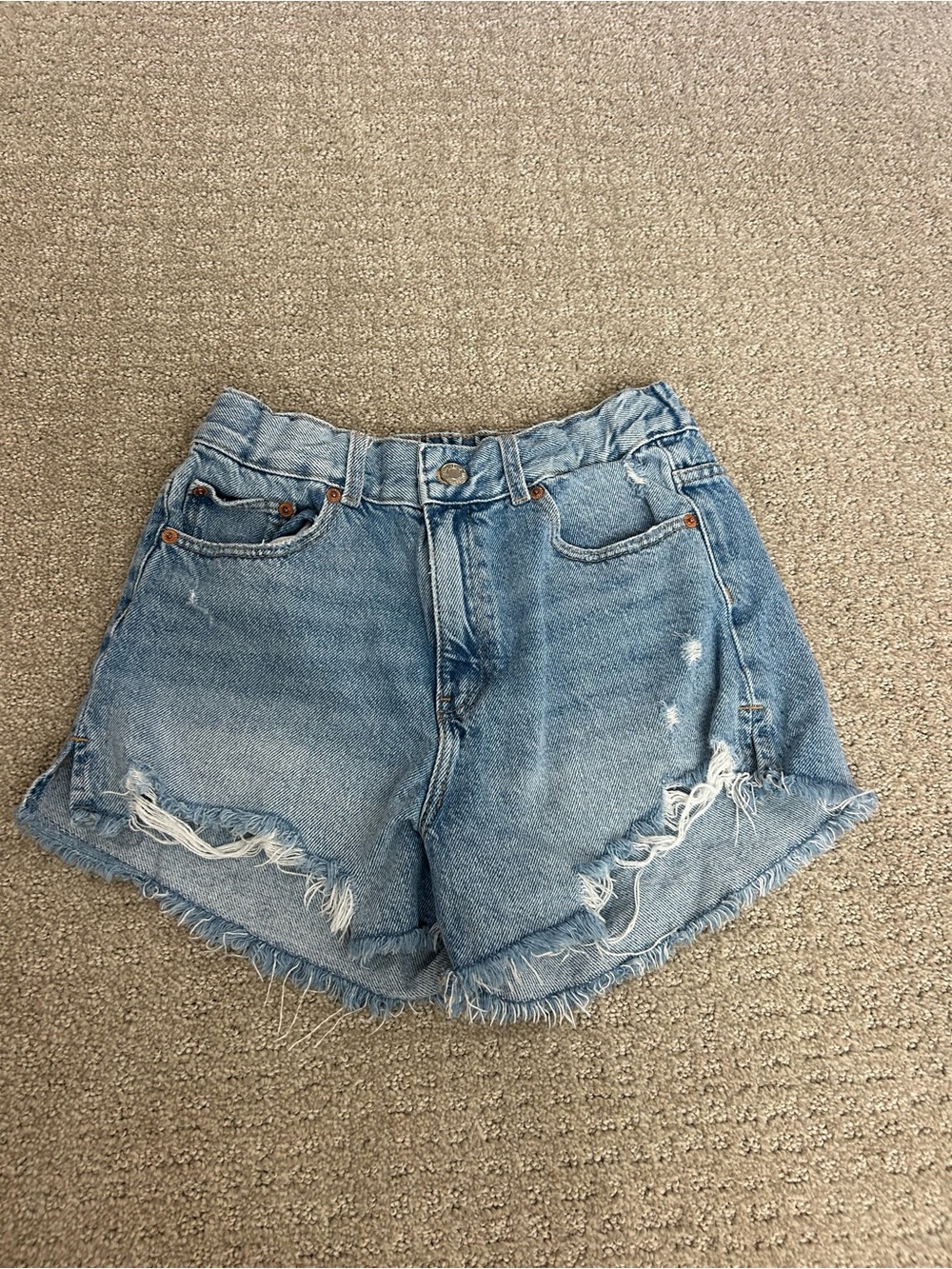 Zara Light Blue Distressed High-Waist Denim Shorts
